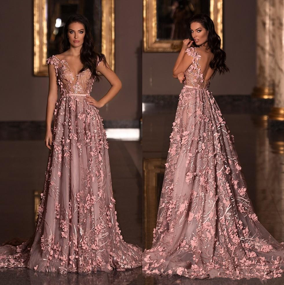 Berta 2020 Hot Sale Prom Dress V Neck 3D Appliqued Formal Dress Plus Size Sweep Train Tulle Evening Gowns