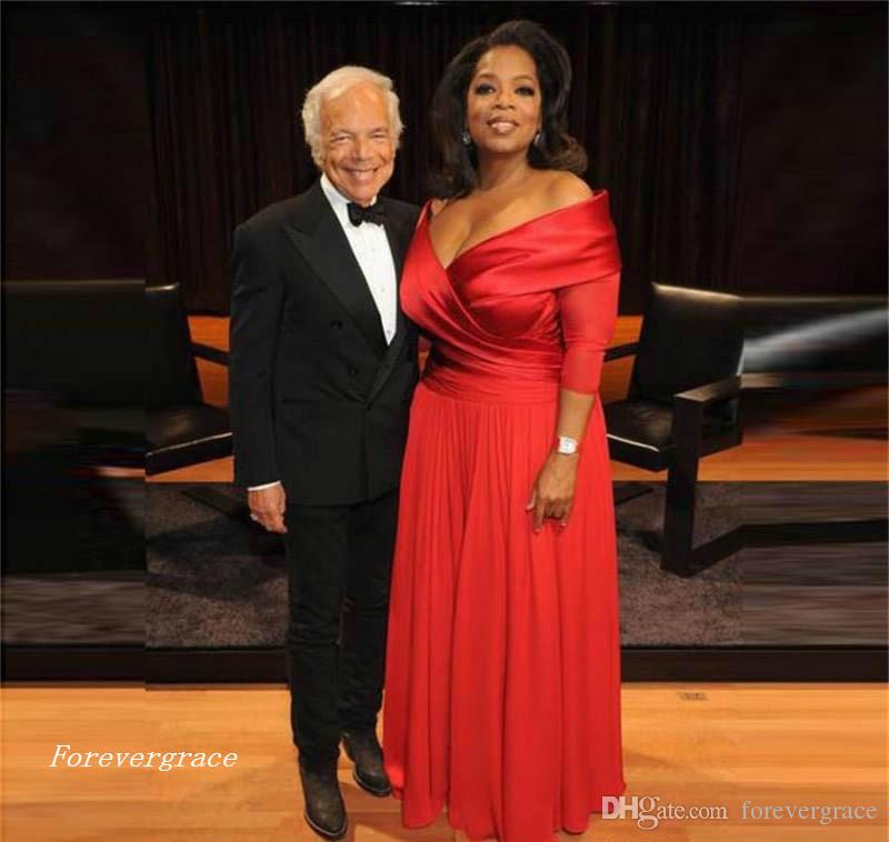 2019 Elegant Oprah Winfrey New Red Off The Shoulder Evening Dress Long Chiffon Formal Holiday Wear Party Gown Custom Made Plus Size