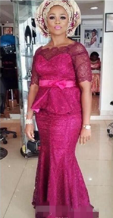 Sudi Arabic Fuia Lace Mother of Bride Dresses Peplum Satin Sash Bow Scalloped Bateau Necke Plus Size Mermaid Formal Evening Gowns