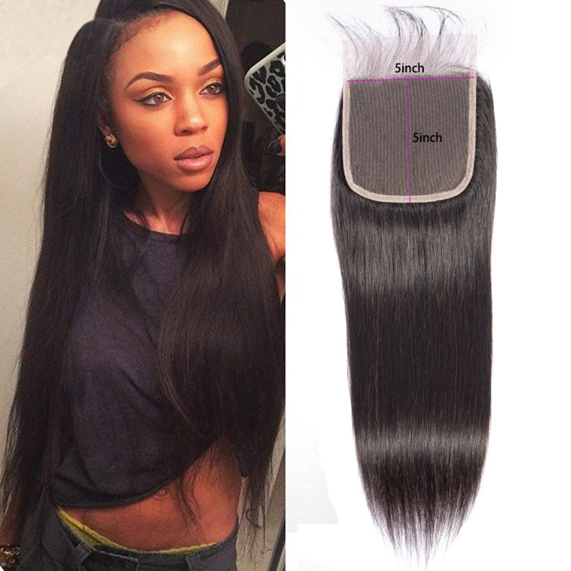 Mongolian Human 5X5 Lace Virgin Hair Closure 5*5 With Baby Hairs Top Closures 12-24Inch Natural Color