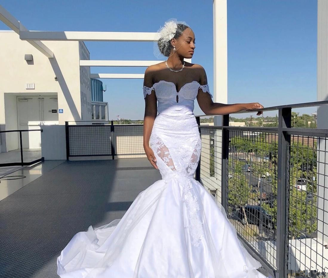 african off shoulder mermaid wedding dresses cutaway side lace appliqued bridal gowns custom made robe de marie