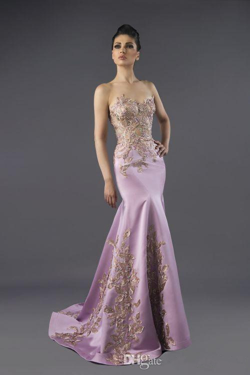 Tony Chaaya 2019 Mermaid Evening Dresses Vintage Lace Appliqued Sweetheart Satin Prom Gowns Sweep Train Light Purple Formal Party Dress