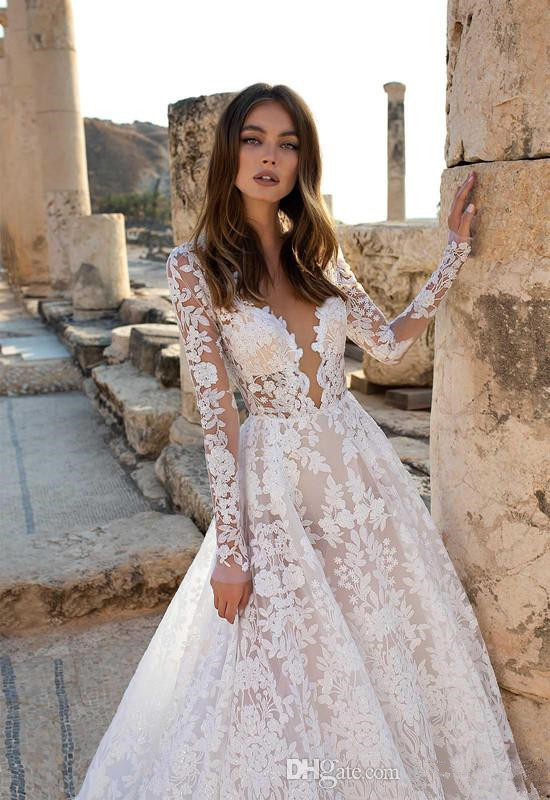 elegant a line wedding dresses lace appliqued beach wedding dress v neck long sleeves backless bohemia plus size bridal gown