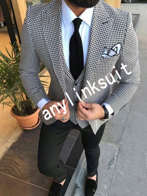 High Quality One Button Houndstooth Wedding Men Suits Peak Lapel Three Pieces Business Groom Tuxedos (Jacket+Pants+Vest+Tie) W1083