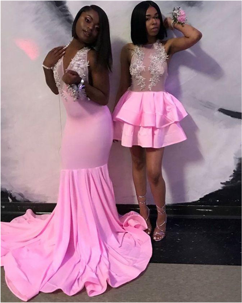 Pink Prom Dresses New Mermaid Beading Lace Open Back Formal Evening Dress Short Piece Illusion Party Gowns Custom Made