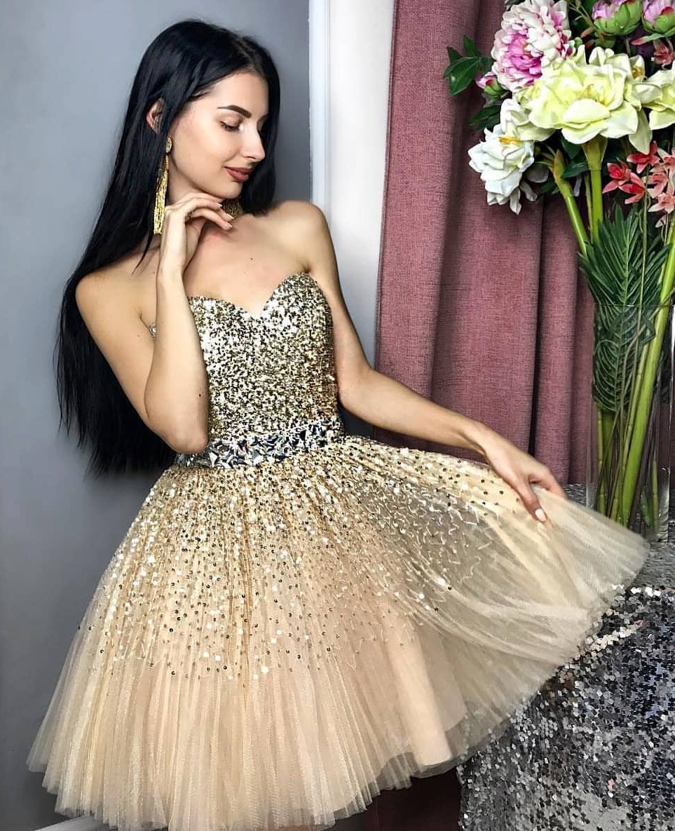 2019 Sequined Short Prom Dresses Sweetheart Knee Length Cocktail Party Pageant Gowns with Crystals Custom Made Cheap Evening Dress