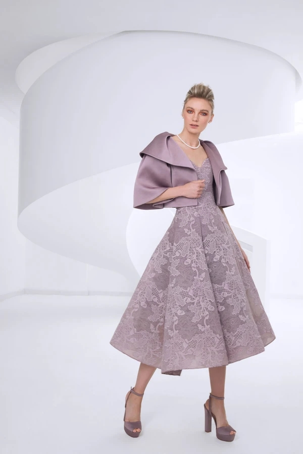 Long Cocktail Dresses With Jacket V Neck Tea Length Ruffles Formal Evening Gowns Lace Appliques A Line Prom Dress