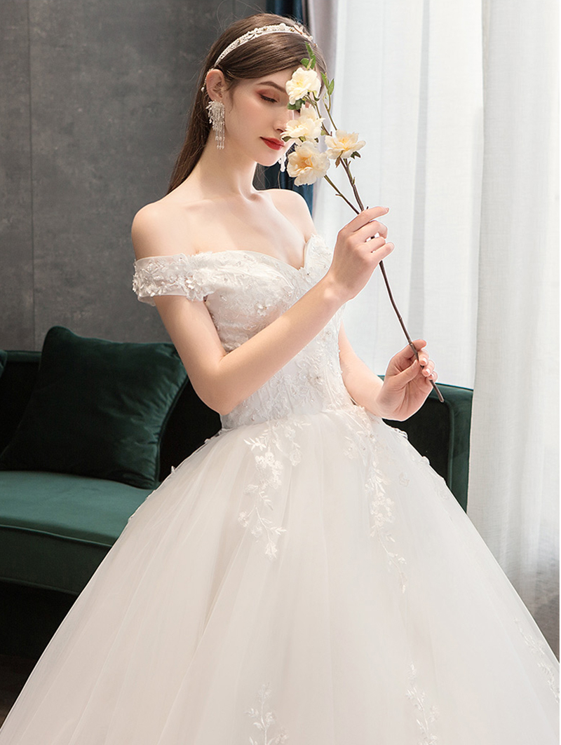 Plus Size Lace Flowers Peals Wedding Dresses Simple Elegant Wedding Gowns Bride Dress Boda robe de mariee Boat neck Off Shoulder