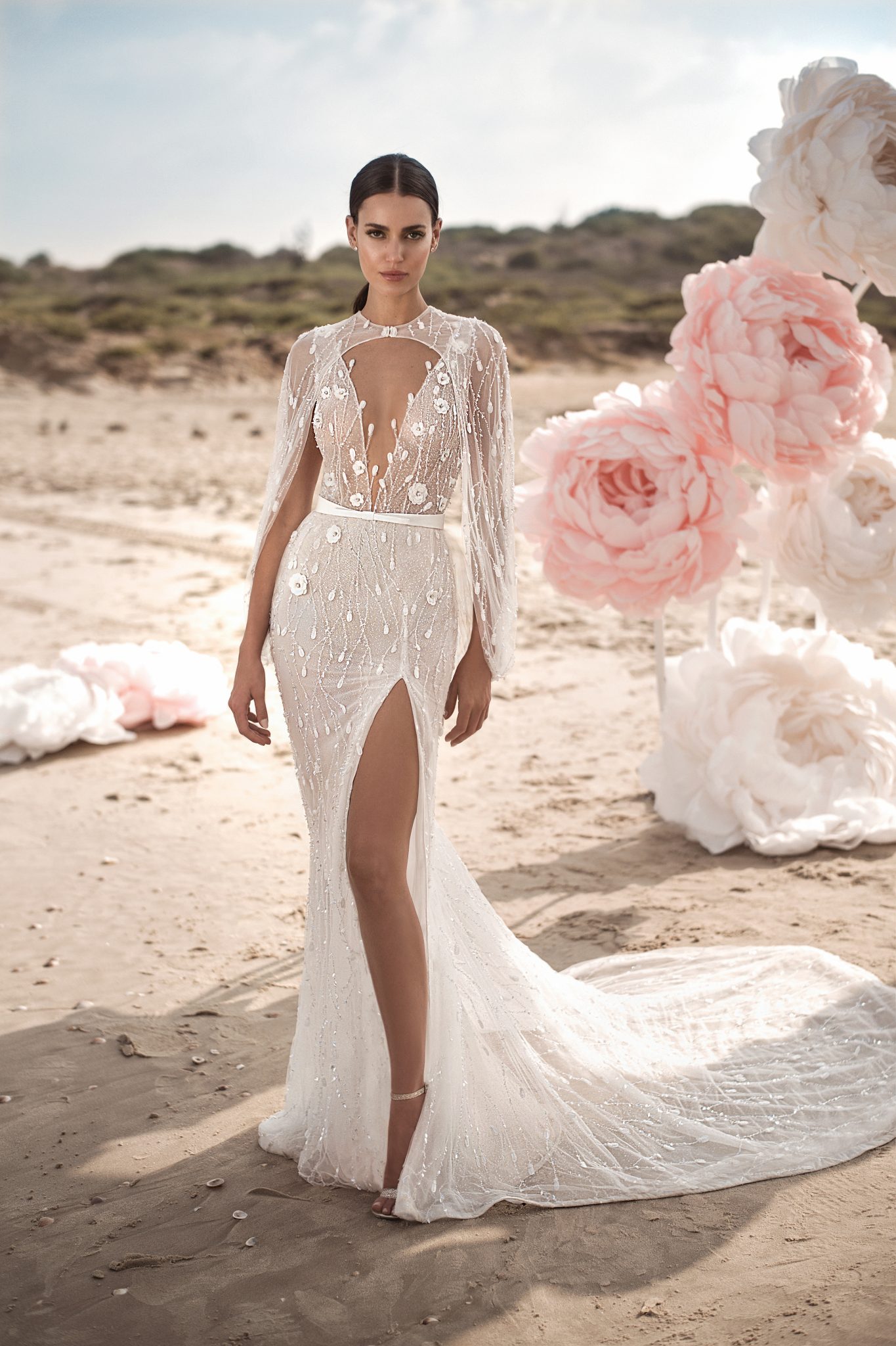 Berta Mermaid Dresses With Wrap Lace 3D ral Applique Beads Beach Wedding Dress vestito da sposa Side Split Boho Bridal Gown