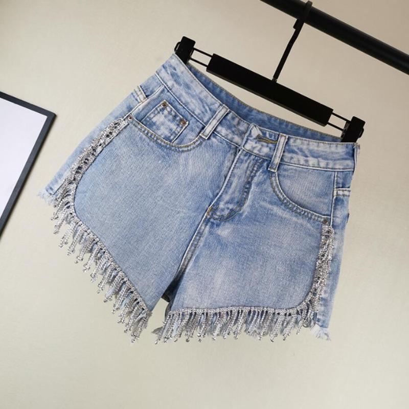 Rhinestone tassel high waist denim 2020 women summer fashion diamonds heavy work wide leg jeans shorts q631