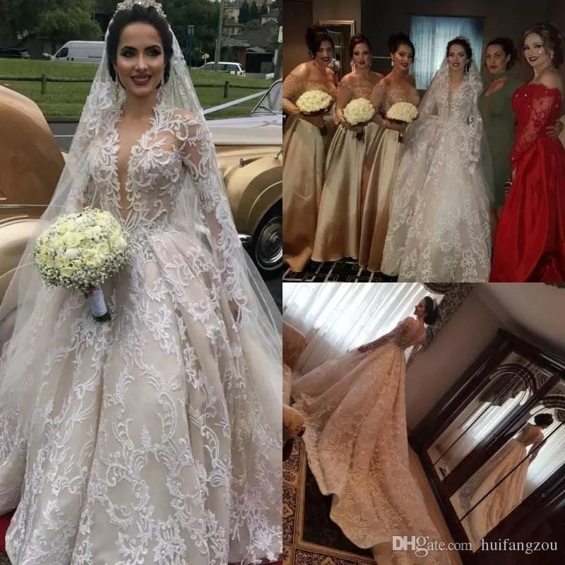 Illusion Long Sleeves Plunging Neckline Ball Gown Luxury Wedding Dresses Applique Lace Wedding Dress Sweep Train Bridal Gowns Custom Made, White 
Illusion Long Sleeves Plunging Neckline Ball Gown Luxury Wedding Dresses Applique Lace Wedding Dress Sweep Train Bridal Gowns Custom Made, White