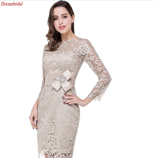 Modern Short Knee Length Mother Dresses Sheath Bodycon Long Sleeves Lace Groom Mother Dress With Sash Madre dei vestiti della sposa 2019