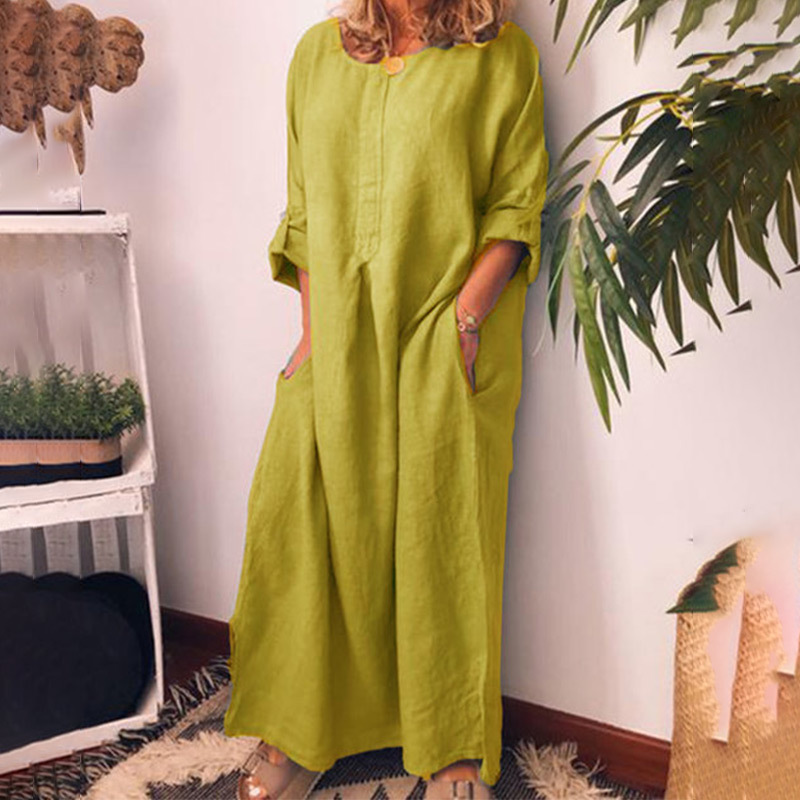 Women's Cotton Linen Oversized Maxi Dress White Pockets O-Neck Solid Long Dresses Spring Summer 2020 Fashion Loose Clothes Woman T200415