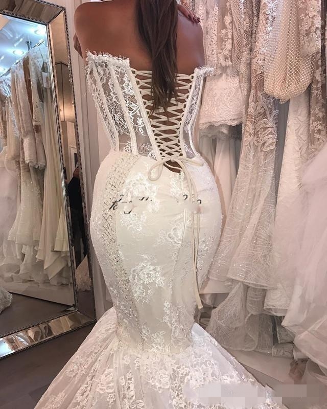 Dresses Mermaid Sweetheart Lace Up Back Applique Crystal Beaded Cathedral Train Custom Made Wedding Bridal Gown