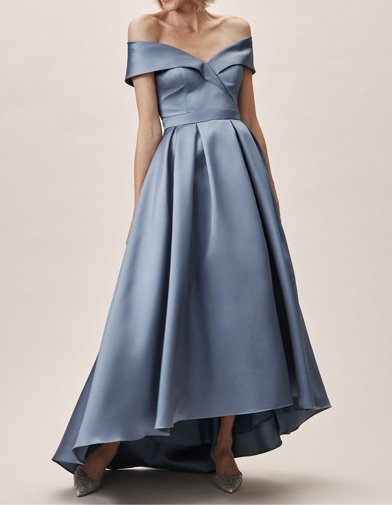Hi Lo Prom Dresses Off the Shoulder Zipper Back Hi Lo Satin Satin Prom Gowns Evening Dresses Party Gowns