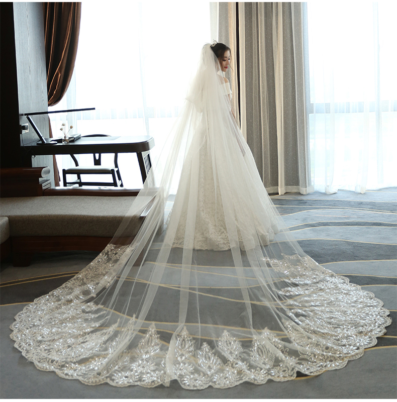 Shining Sequined Wedding Veils Peacock Appliqued Edge 3M Long Cathedral Length Lace Bridal Veil With Comb For Women Hair Accessories