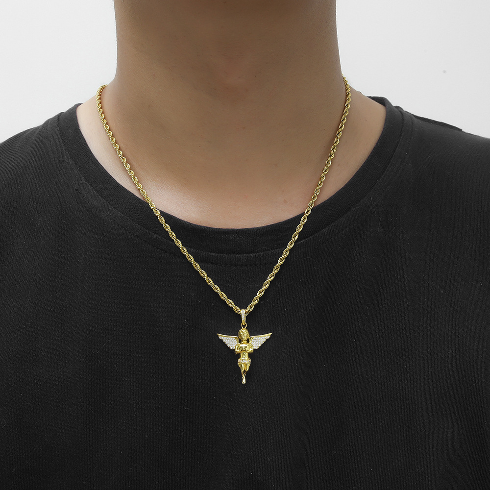 Full Charm White Zirconia Hip Hop Praying Hands Flying Angel Pendant Necklace Jewelry Fairy Crystal Wing Pendants