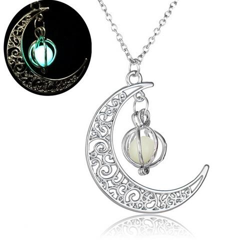Glow In the Dark Pendant Necklaces For Women Silver Plated Chain Long Night Moon Necklaces Women Fashion Jewelry Necklaces GB65