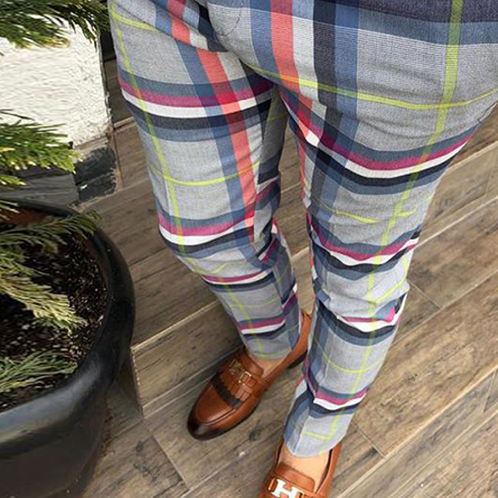Men Plaid Pants Gym Slim Fit Trousers Gym Smart Casual Bussiness Long Pencil Pants Plus Size1