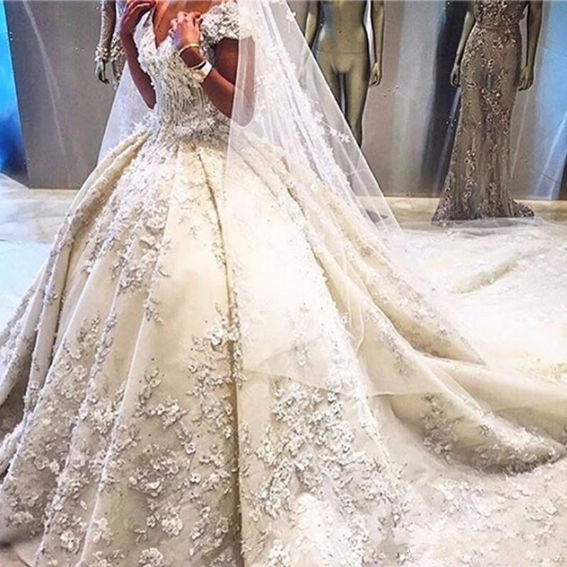 luxury beading wedding dresses ball gown lace 3d floral appliques off the shoulder wedding dress bridal gowns cathedral train