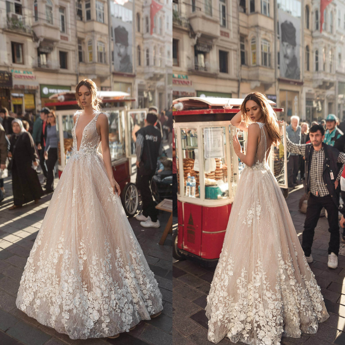 2019 Idan Cohen Beach Wedding Dresses Deep V Neck A Line Floor Length Sequins Bohemian Wedding Dress Custom 3D Appliques Boho Bridal Gowns