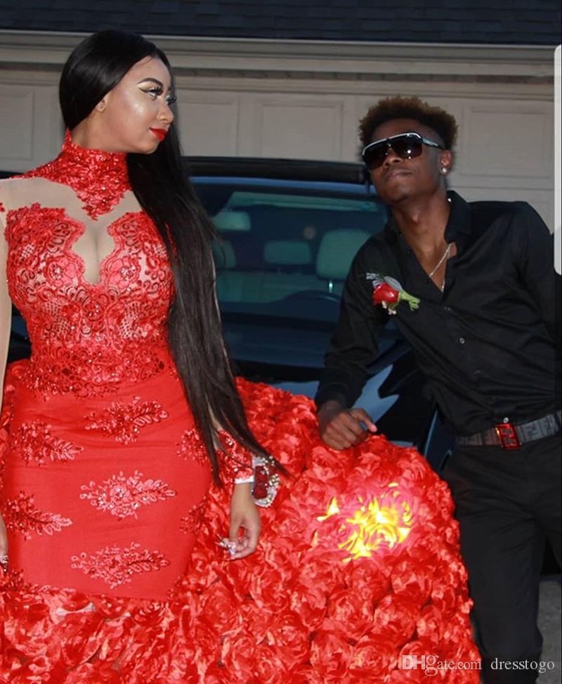 Red Mermaid Prom Dresses 2019 High Neck Sheer Long Sleeves Formal Evening Gowns Lace Appliques Sweep Train Party Pageant Gowns Plus Size