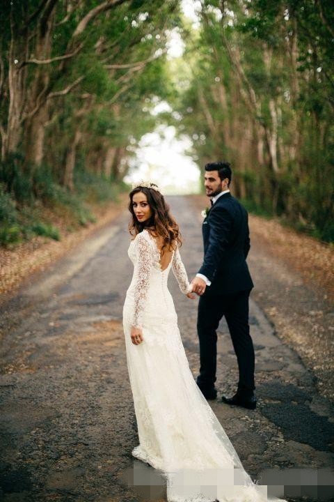 Country Lace Mermaid Dresses Long Sleeves V Neck Covered Buttons Back Custom Made Wedding Gowns Plus Size Vestido De Novia estido