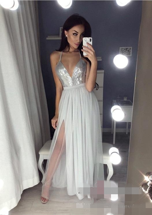 Sexy Sier Sequins Prom Dresses High Side Slit Chiffon Tulle Spaghetti Straps Cheap Long Evening Tail Party Gowns 403