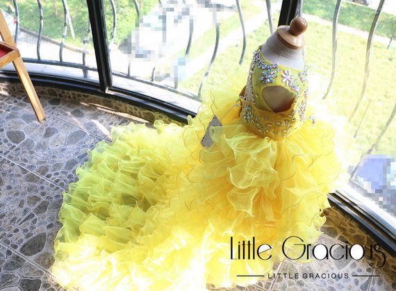 Yellow Flower Girl Dresses Jewel Neck Crystal High Low Ruffles A Line Girls Pageant Dress Hollow Back Kids Formal Gowns
