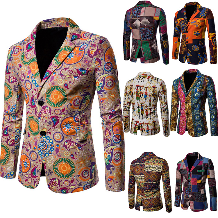 2019 African Printing Men's Wedding Tuxedos Groom Designer Jackets Two Button Colorful Men Blazer In Stock