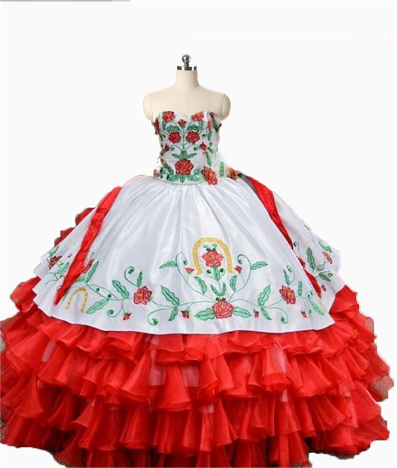 2020 Sexy Sweetheart Red Embroidery Ball Gown Quinceanera Dresses Satin Lace Up Floor Length Vestido De Festa Sweet 16 Dress QC1474