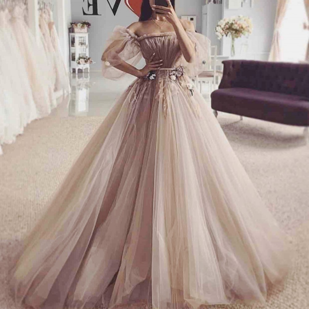 Princess Tulle Prom Dresses With Half Sleeves Off The Shoulder Pleats Appliques Formal Evening Dress Plus Size Cheap Party Gowns