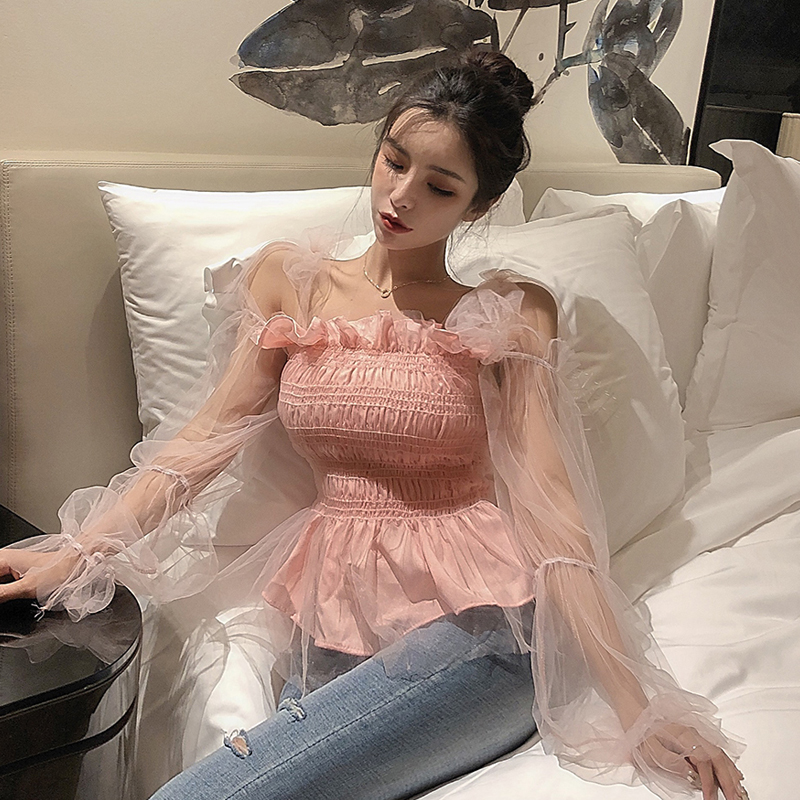 Blouses spring summer Women's Clothing fashion sweet shirts full sleeve slash neck off shoulder halter mesh perspective crop top, Black
Blouses spring summer Women's Clothing fashion sweet shirts full sleeve slash neck off shoulder halter mesh perspective crop top, Black