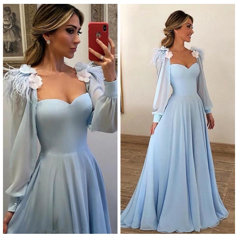 Long Sleeves Sweetheart Prom Dresses 2020 Sky Blue With Flowers Feather Adorned Women Maxi Formal Evening Party Gowns Plus Size Customized, Light yellow
Long Sleeves Sweetheart Prom Dresses 2020 Sky Blue With Flowers Feather Adorned Women Maxi Formal Evening Party Gowns Plus Size Customized, Light yellow