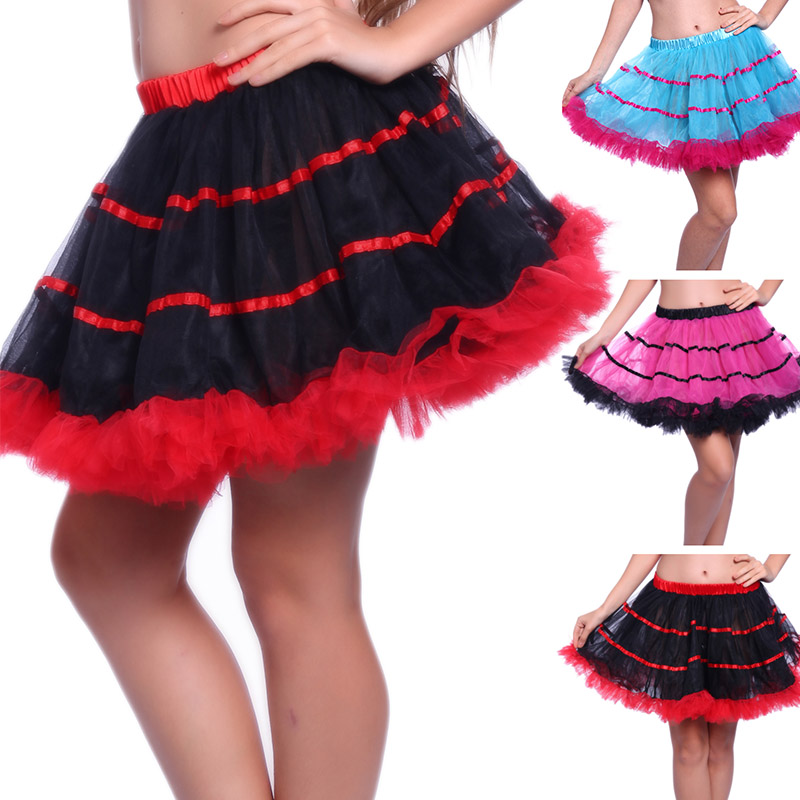 Women Contrast Ruffle Tulle Skirt Sexy Club Stage Dance Show Mini tutu Skirt Striped Mesh Plisse Pleated Petticoat School Girl Party Queen