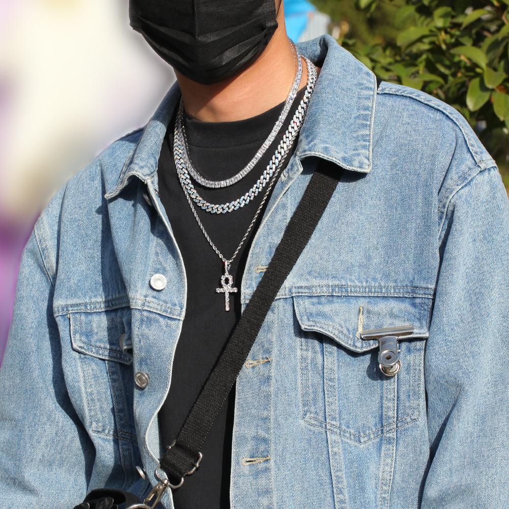 8mm Mens Hip Hop Bling Bling Sea Blue Cubic Zirconia Cuban Link Chain Necklace Bracelet Iced Out Punk Rock Rapper Jewelry Gifts for Men Guys