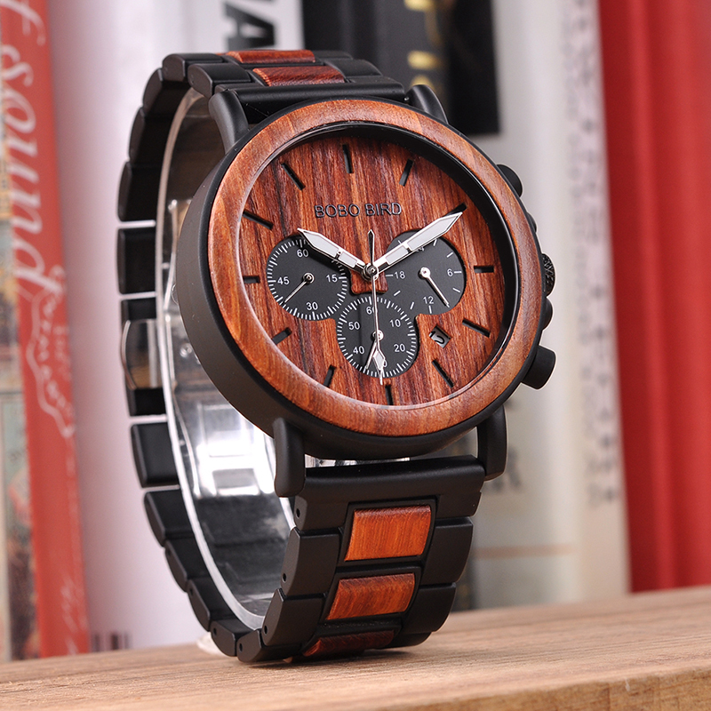 Bobo Bird P09 Wood And Stainless Steel Watches Luminous Hands Stop Watch Mens Quartz Wristwatches In Wooden Box Dropshipping Y19051403