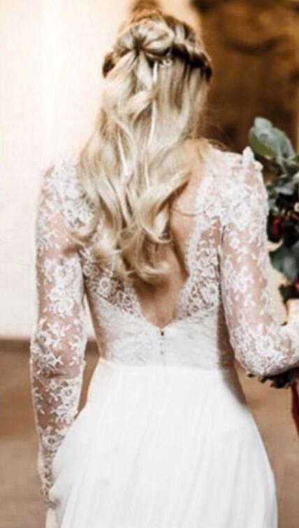 2019 Deep V Neck Lace Chiffon illusion Long Sleeves Beach Dresses Country Simple Bohemian Bridal Open Back Wedding Gowns