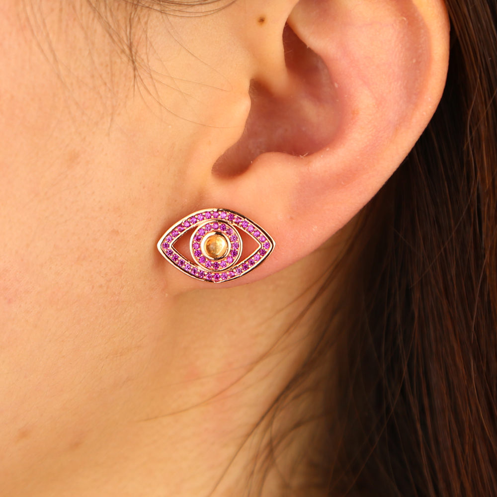 Gold rose gold plated rainbow cz evil eye stud earring luxury bohemia boho trendy 2019 new arrived jewelry earring