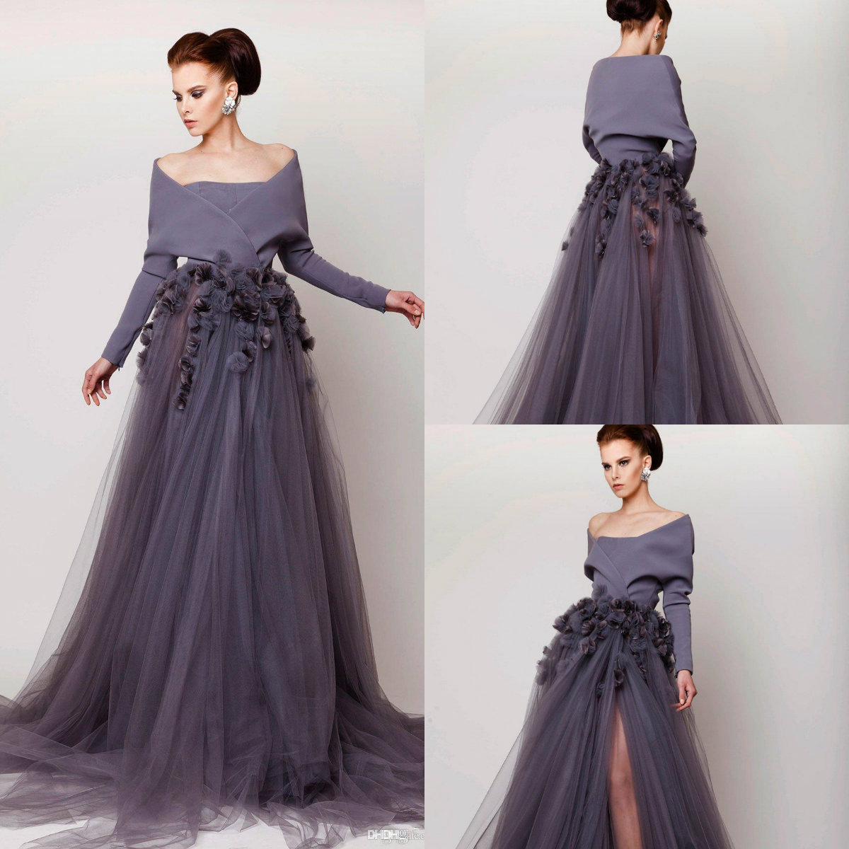 2019 Ashi Studio Prom Dresses Off The Shoulder 3D Flowers Long Sleeve Evening Gowns A Line Custom Made Elegant Party Gowns Side Split