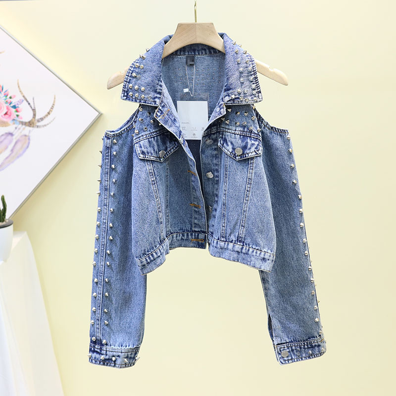 2019 Fashion high-end Women sexy strapless metal heavy work rivet grinding white spring and autumn denim short jacket Outerwear, Blue
2019 Fashion high-end Women sexy strapless metal heavy work rivet grinding white spring and autumn denim short jacket Outerwear, Blue