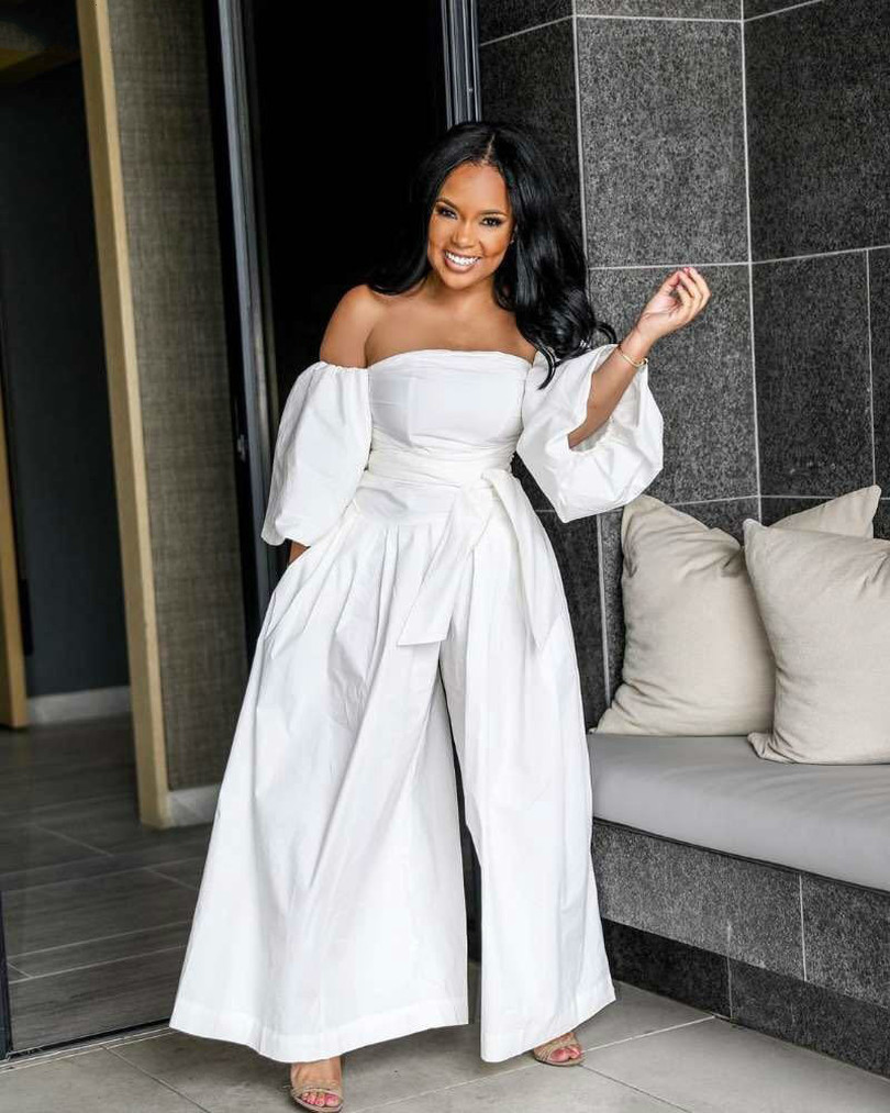 Sexy Off Shoulder White Jumpsuits For Women 2019 Plus Size Long Sleeve Elegant Cotton Ladies Wide Leg Pants Jumpsuit Ov