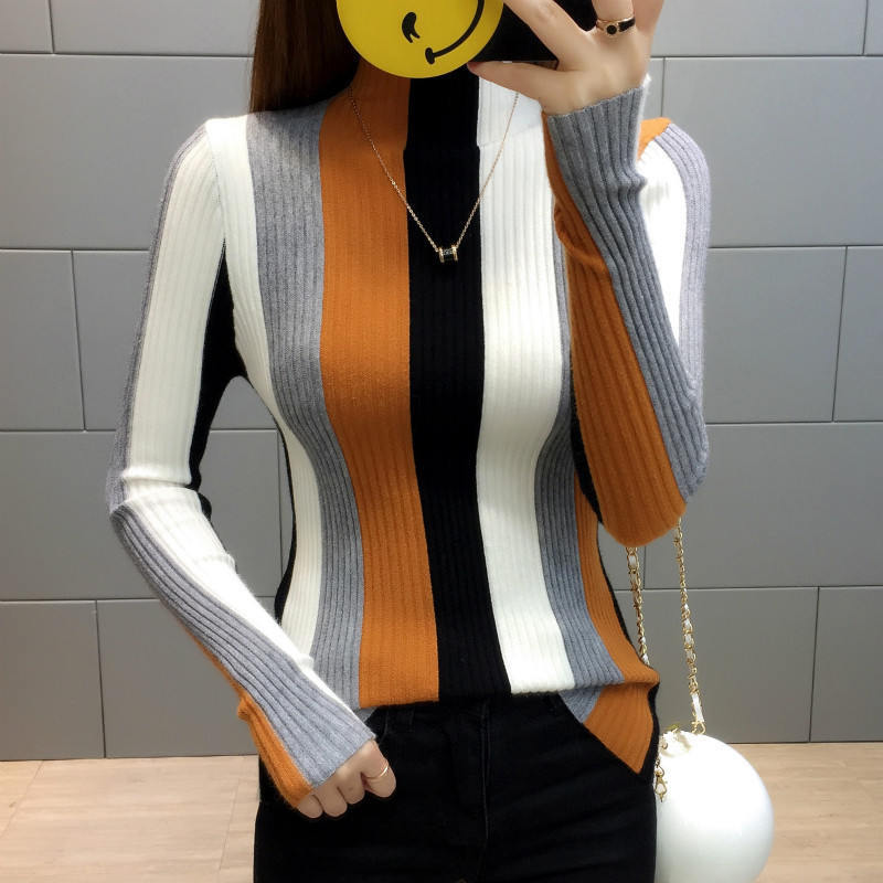 Neploe Rainbow Stripe Sweater Contrast Knitted Pullover 2019 Long Sleeve Turtleneck Knitwear Fashion Slim Women Jumper 34381 LY191225