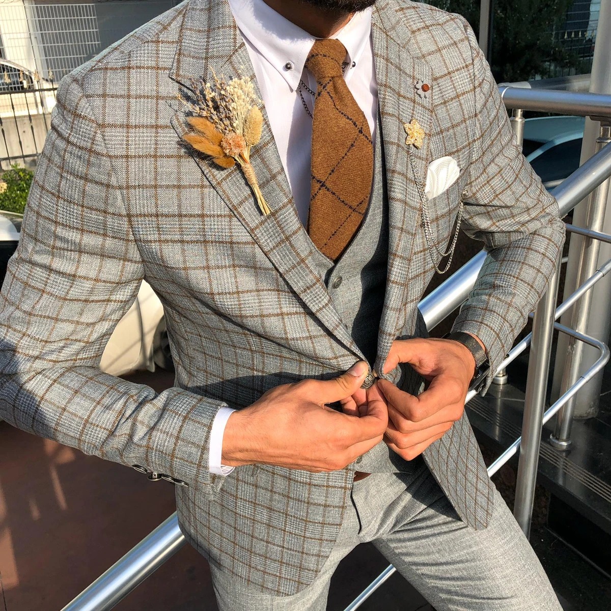 Custom Made Mens Suit 2020 Wedding Tuxedos Plaid Best Man Suits Groom Wear Tweed Tuxedos 3 Pieces Suits (Jacket+Pants+vest)