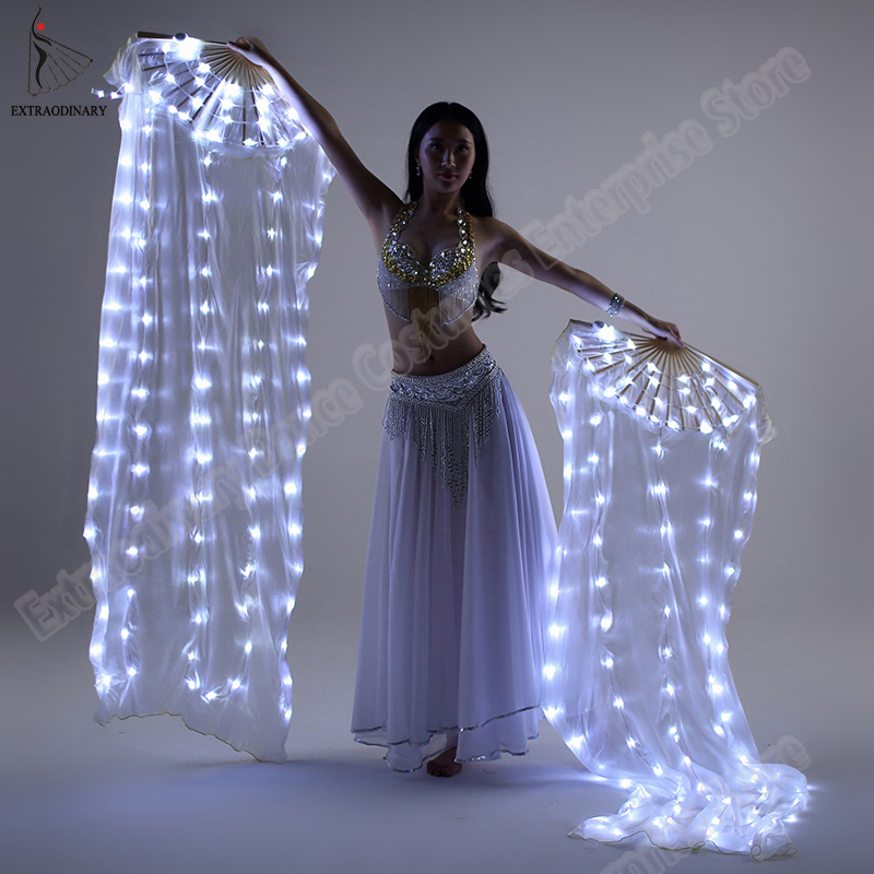 

New Belly Dance Silk Fan Veil LED Fans Light up Shiny Pleated Carnival LED Fans Stage Performance Props Accessories Costume, Fuchsia left hand