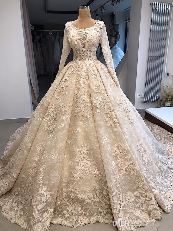 new lace ball gown wedding dresses long sleeve bridal gowns sweep train appliqued beads custom made wedding dress