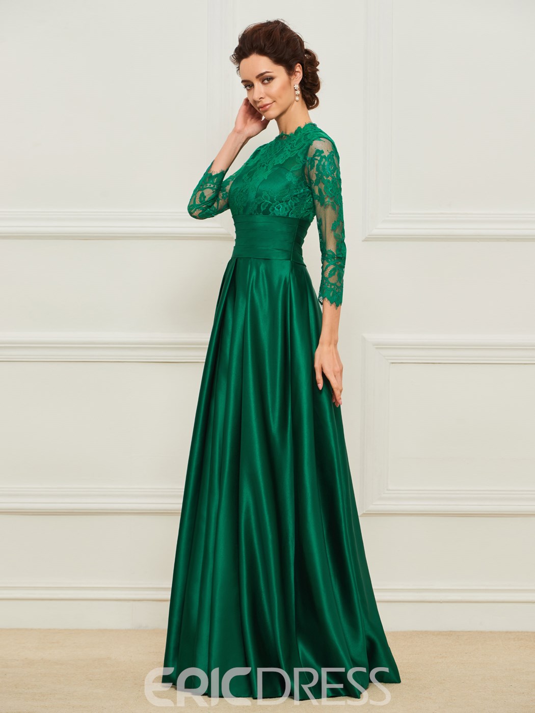 Modest Ericdress Mermaid Mother of The Bride Dresses Jewel 3/4 Long Sleeve Hollow Wedding Guest Dress Lace Applique Sweep Train Evening Gown