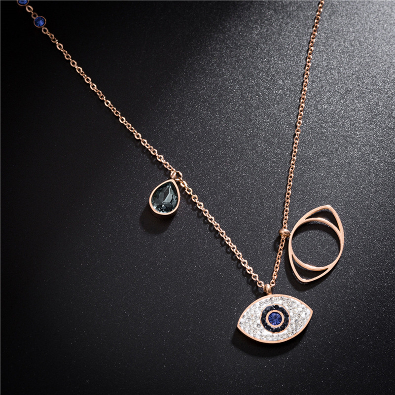Blue Evil Eye Pendant Necklaces Iced Out Rose Gold Turkey Women Titaniun Steel Jewelry Girls Fashion Rhinestone Link Chain Choker Necklace