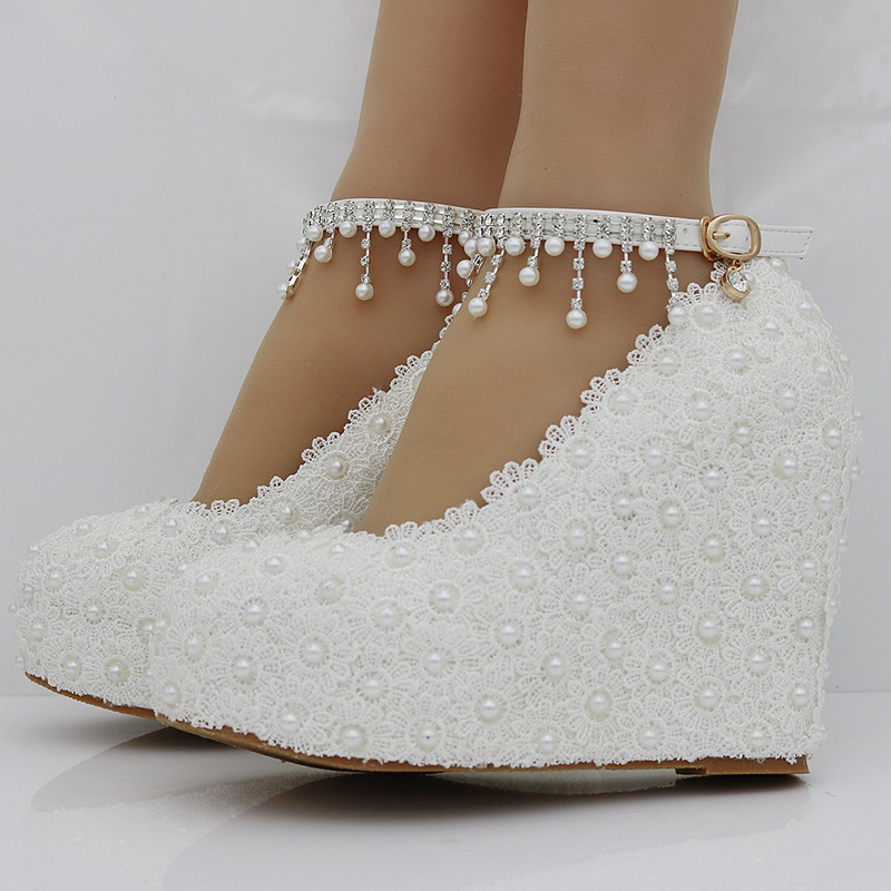Pink Blue White Lace Wedding Shoes with Beading Buckle Straps Wedge Heel Fashion Women Pumps 4 Inches High Heel Bridesmaid Shoes