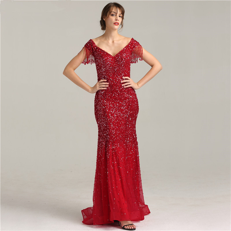 Red Tulle Mermaid Prom Dresses Beads Formal Evening Gowns V Neck Floor Length Sequins Cap Sleeves Party Dress